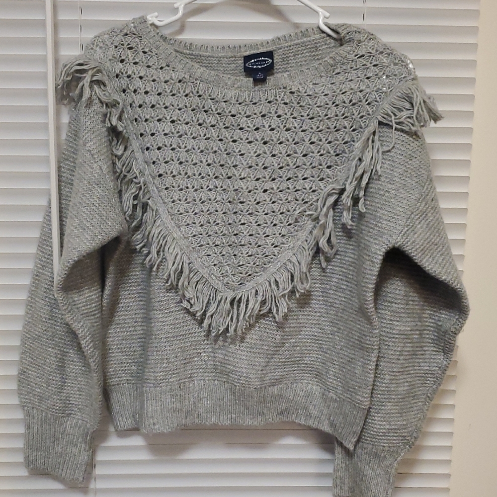 Gray Sweater with Fringe Detail